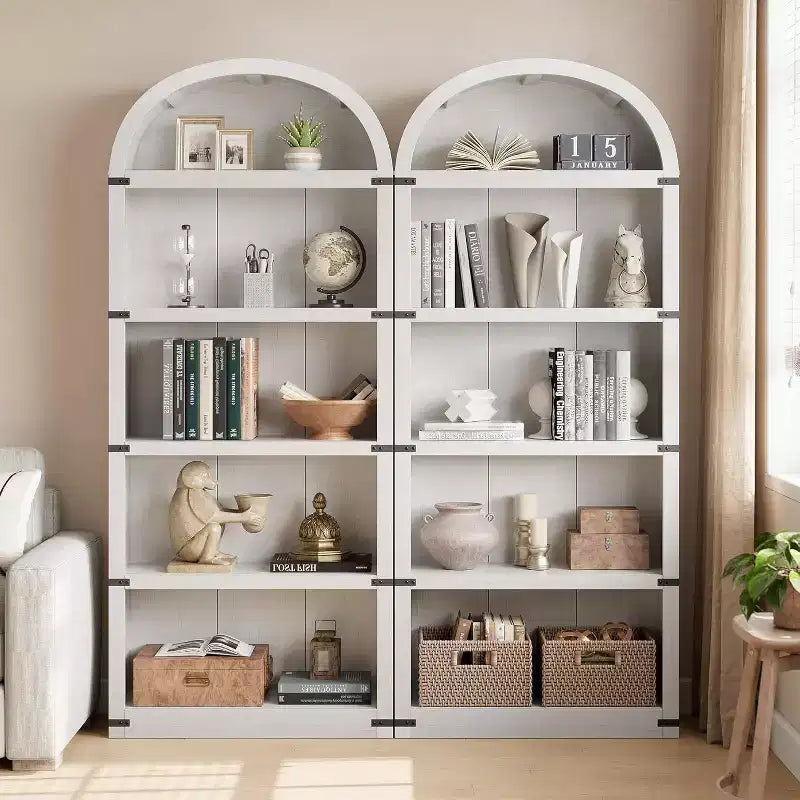 Acekool Libreria ad arco a 5 ripiani, scaffale espositivo in legno stile rustico alto 182 cm, scaffale portaoggetti con dettagli in metallo per soggiorno, ufficio, bianco