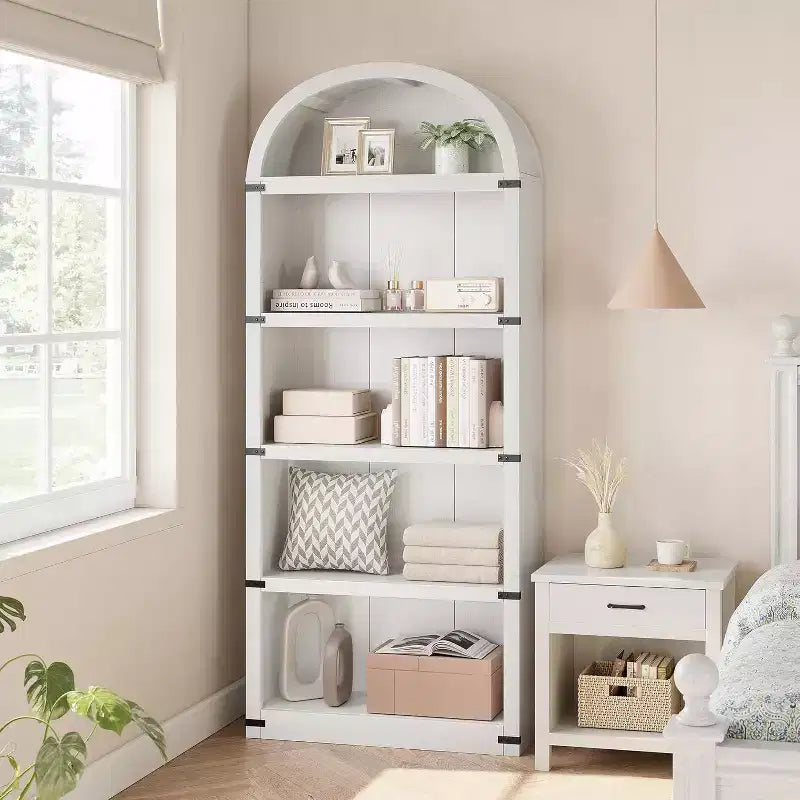 Acekool Libreria ad arco a 5 ripiani, scaffale espositivo in legno stile rustico alto 182 cm, scaffale portaoggetti con dettagli in metallo per soggiorno, ufficio, bianco