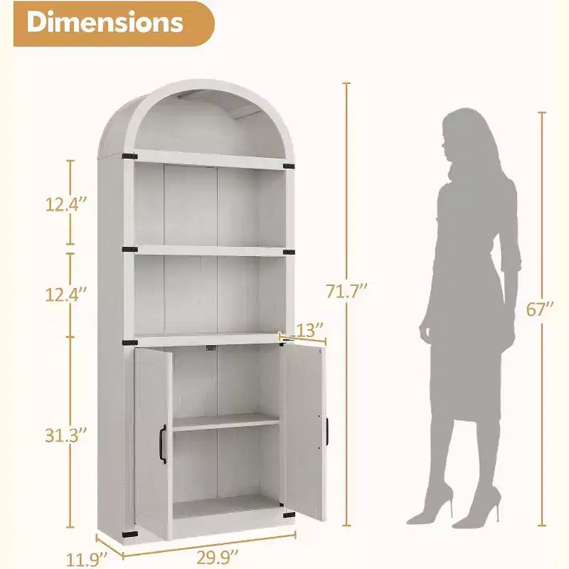 Acekool Libreria ad arco a 5 ripiani, scaffale espositivo in legno stile rustico alto 182 cm, scaffale portaoggetti con dettagli in metallo per soggiorno, ufficio, bianco