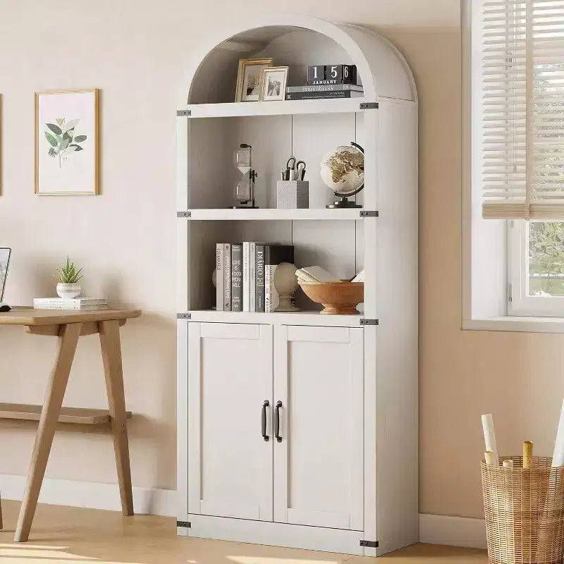 Acekool Libreria ad arco a 5 ripiani, scaffale espositivo in legno stile rustico alto 182 cm, scaffale portaoggetti con dettagli in metallo per soggiorno, ufficio, bianco