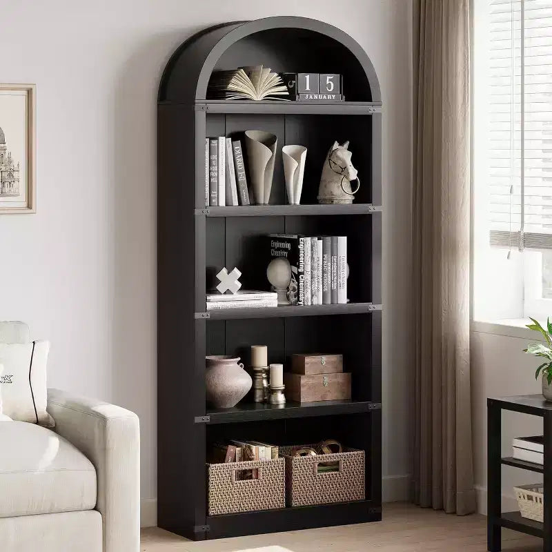 Acekool Libreria ad arco a 5 ripiani, scaffale espositivo in legno stile rustico alto 182 cm, scaffale portaoggetti con dettagli in metallo per soggiorno, ufficio, bianco