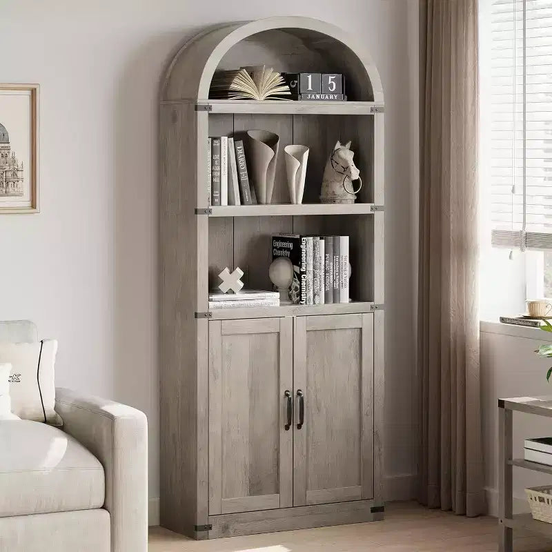 Acekool Libreria ad arco a 5 ripiani, scaffale espositivo in legno stile rustico alto 182 cm, scaffale portaoggetti con dettagli in metallo per soggiorno, ufficio, bianco