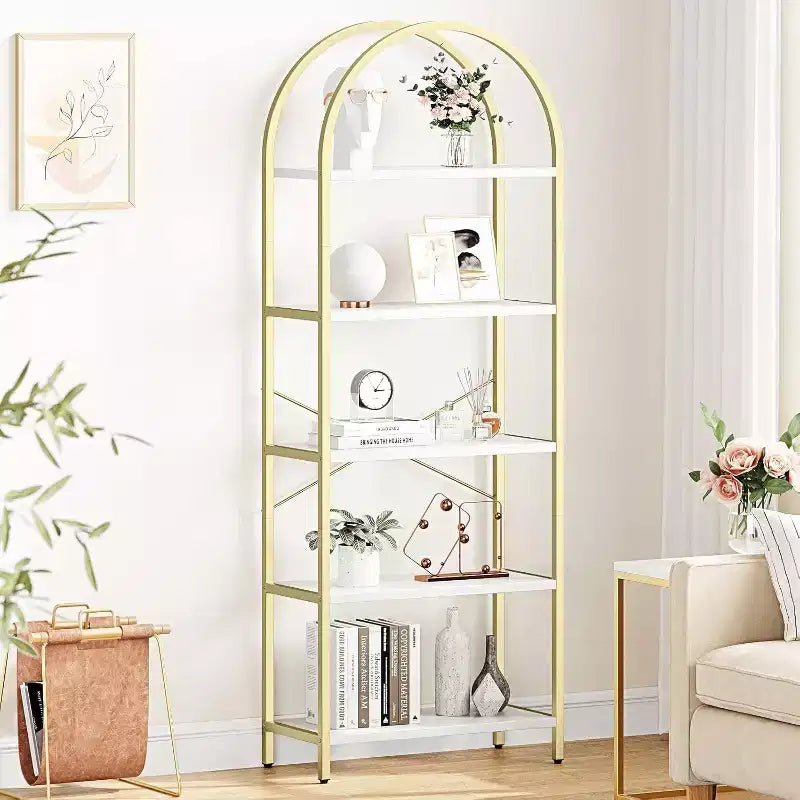 Acekool Libreria ad arco a 5 ripiani, scaffale espositivo in legno stile rustico alto 182 cm, scaffale portaoggetti con dettagli in metallo per soggiorno, ufficio, bianco