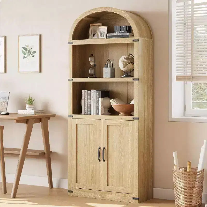 Acekool Libreria ad arco a 5 ripiani, scaffale espositivo in legno stile rustico alto 182 cm, scaffale portaoggetti con dettagli in metallo per soggiorno, ufficio, bianco