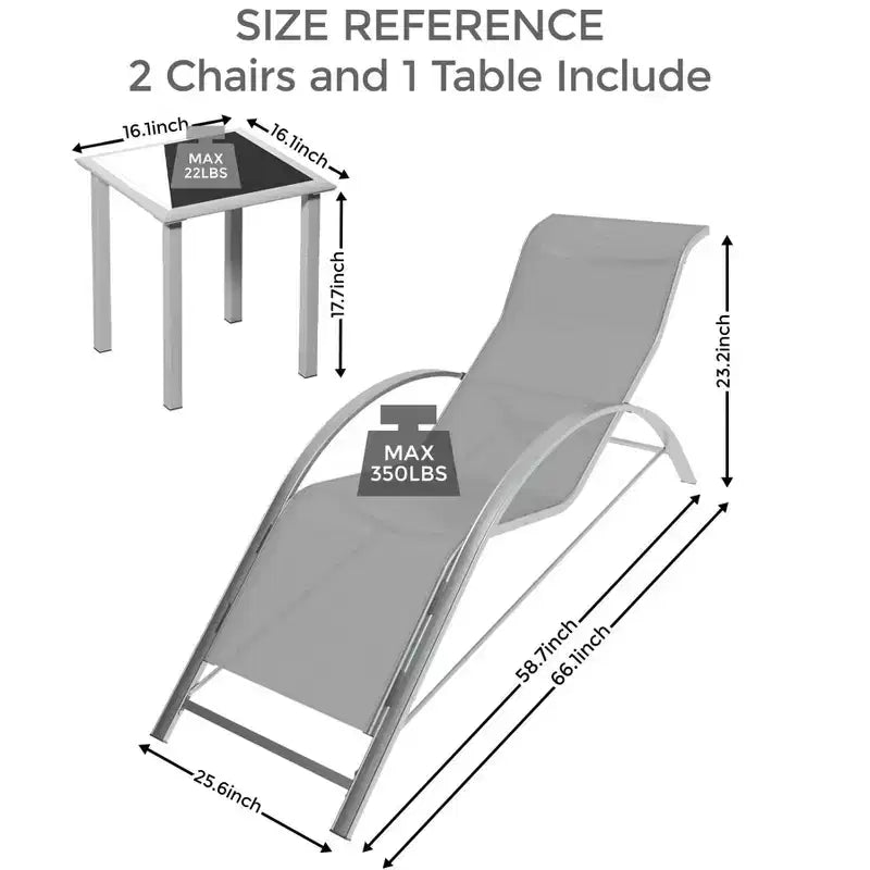 Outdoor Chaise Lounge Chairs Set of 3,Aluminum Patio Chaise Lounge 2 Chair Set with Table, for Poolside, Garden, and Beach - Recliners