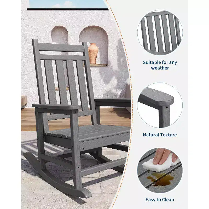 TROPOW Outdoor Rocking Chair, All Weather HDPE Plastic Patio Rocker Chair with Wide Armrests, Classic Fire Pit Chair for Porch, Deck, Lawn, Garde