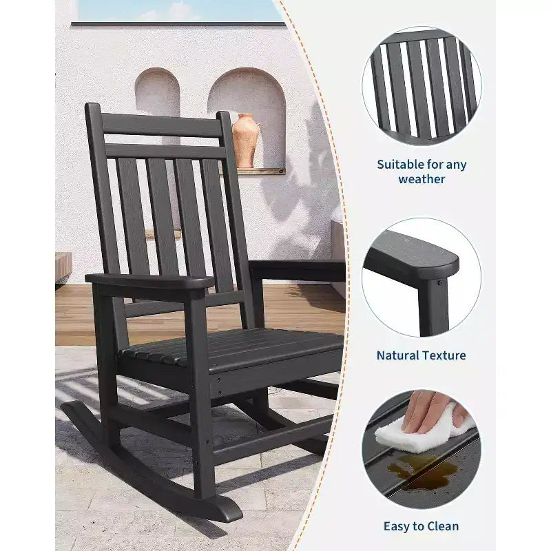 TROPOW Outdoor Rocking Chair, All Weather HDPE Plastic Patio Rocker Chair with Wide Armrests, Classic Fire Pit Chair for Porch, Deck, Lawn, Garde