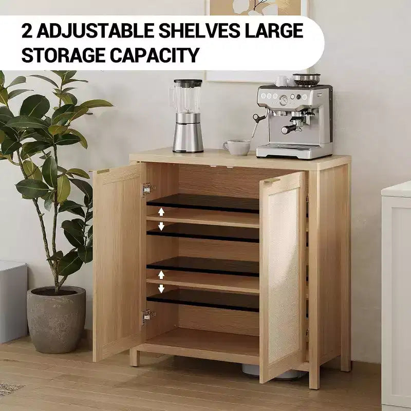 Wooden Sideboard Buffet Storage Cabinet with Rattan Paneled Doors, Adjustable Shelves Kitchen Cupboard Console Table, Perfect for Dining Room