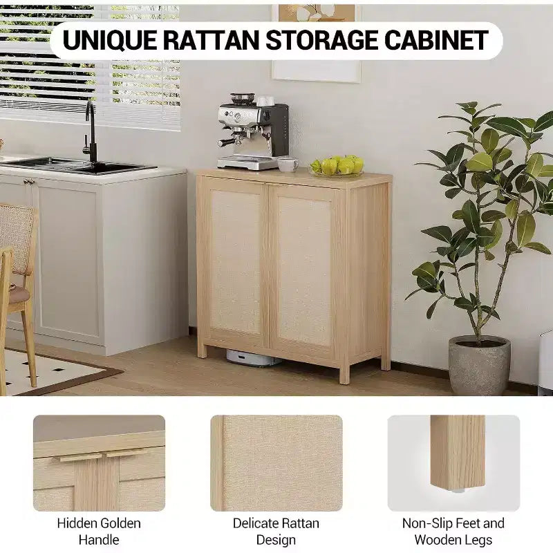 Wooden Sideboard Buffet Storage Cabinet with Rattan Paneled Doors, Adjustable Shelves Kitchen Cupboard Console Table, Perfect for Dining Room