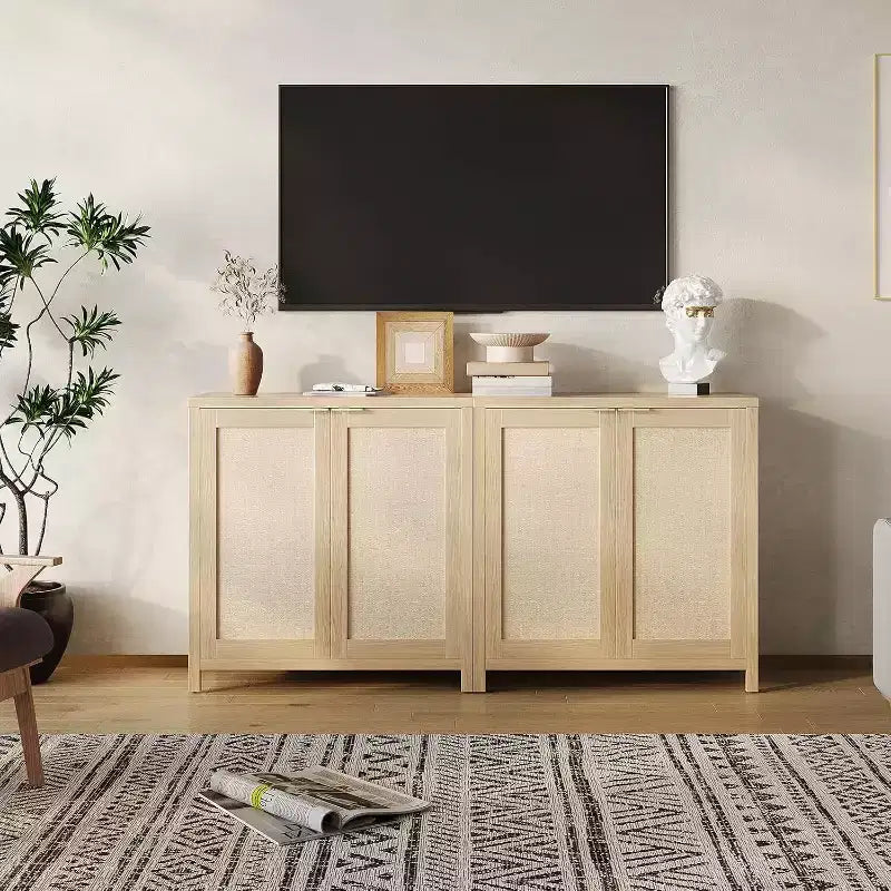 Wooden Sideboard Buffet Storage Cabinet with Rattan Paneled Doors, Adjustable Shelves Kitchen Cupboard Console Table, Perfect for Dining Room