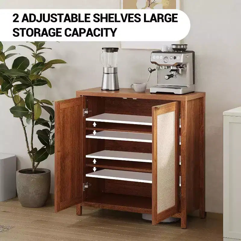 Wooden Sideboard Buffet Storage Cabinet with Rattan Paneled Doors, Adjustable Shelves Kitchen Cupboard Console Table, Perfect for Dining Room