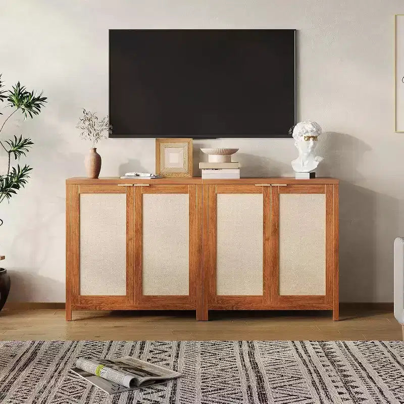 Wooden Sideboard Buffet Storage Cabinet with Rattan Paneled Doors, Adjustable Shelves Kitchen Cupboard Console Table, Perfect for Dining Room