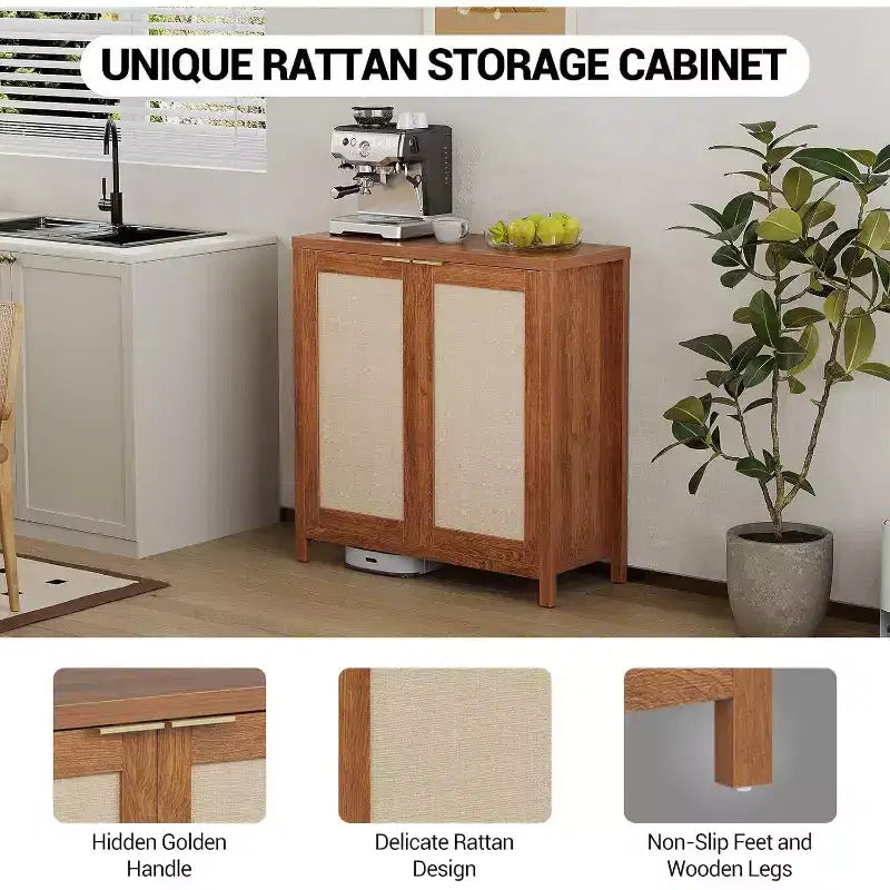 Wooden Sideboard Buffet Storage Cabinet with Rattan Paneled Doors, Adjustable Shelves Kitchen Cupboard Console Table, Perfect for Dining Room