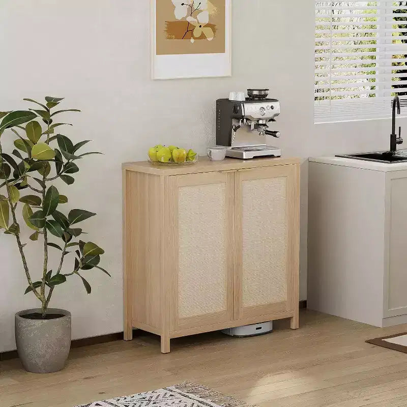 Credenza in Legno con Ante in Rattan, Mobile Contenitore a Buffet con Ripiani Regolabili, Tavolo Consolle da Cucina, Perfetto per la Sala da Pranzo