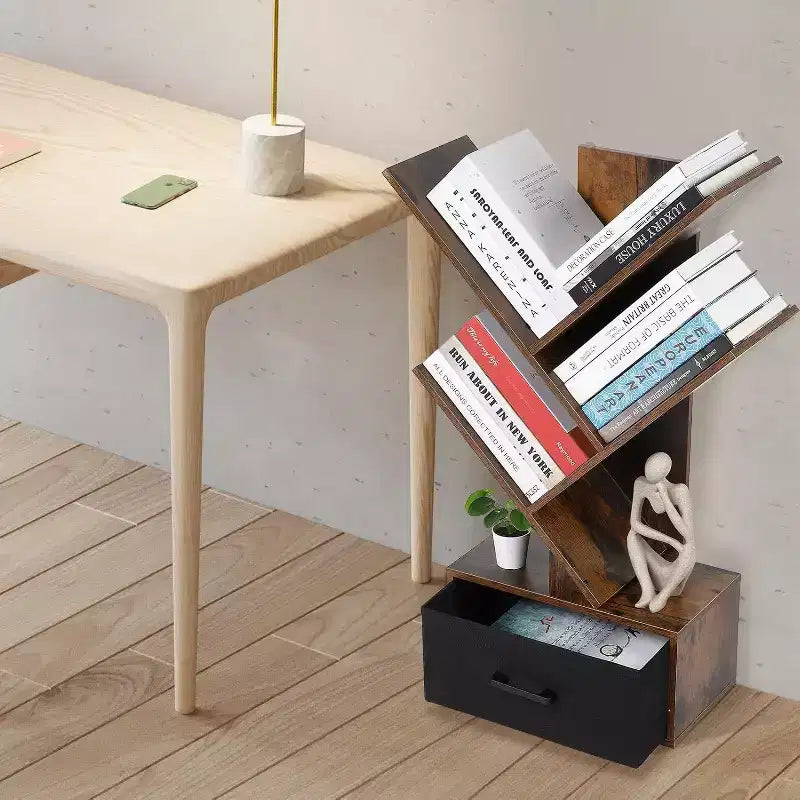 Acekool Libreria ad albero a 4 livelli, scaffale stretto con cassetto, organizer per mensole retrò per ufficio a casa, soggiorno, marrone