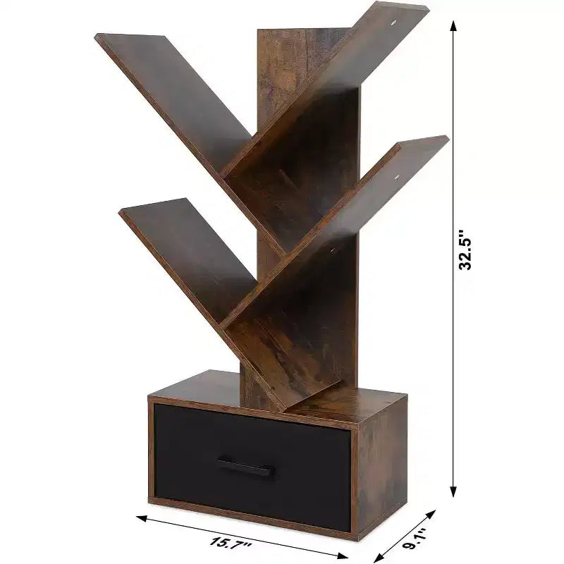 Acekool Libreria ad albero a 4 livelli, scaffale stretto con cassetto, organizer per mensole retrò per ufficio a casa, soggiorno, marrone
