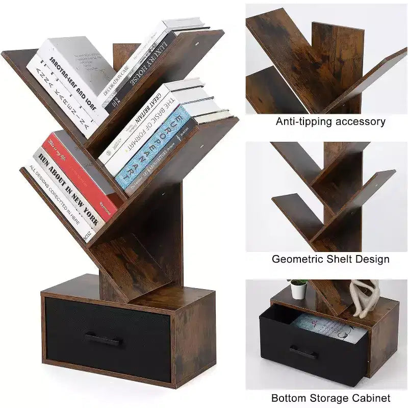 Acekool Libreria ad albero a 4 livelli, scaffale stretto con cassetto, organizer per mensole retrò per ufficio a casa, soggiorno, marrone