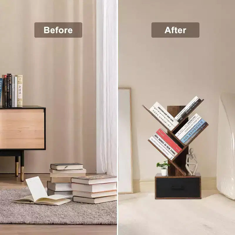 Acekool Libreria ad albero a 4 livelli, scaffale stretto con cassetto, organizer per mensole retrò per ufficio a casa, soggiorno, marrone