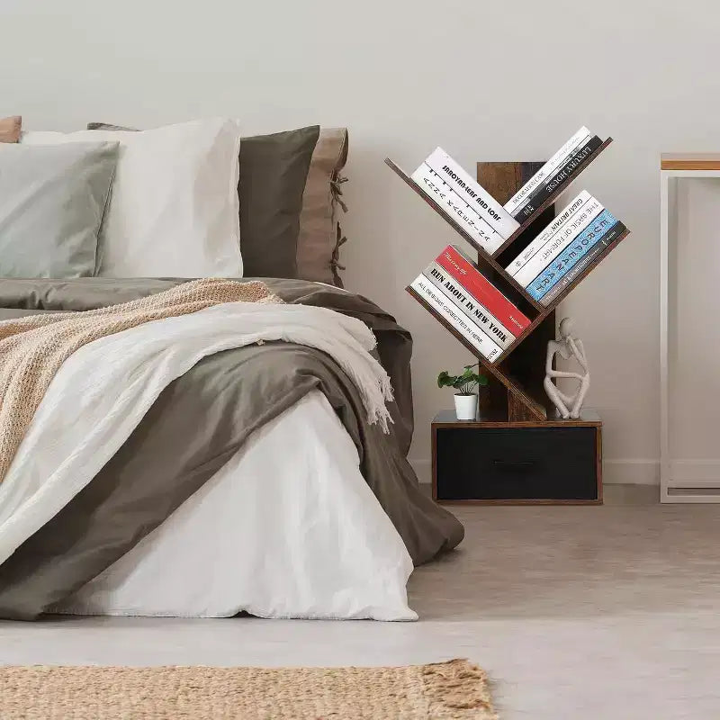 Acekool Libreria ad albero a 4 livelli, scaffale stretto con cassetto, organizer per mensole retrò per ufficio a casa, soggiorno, marrone