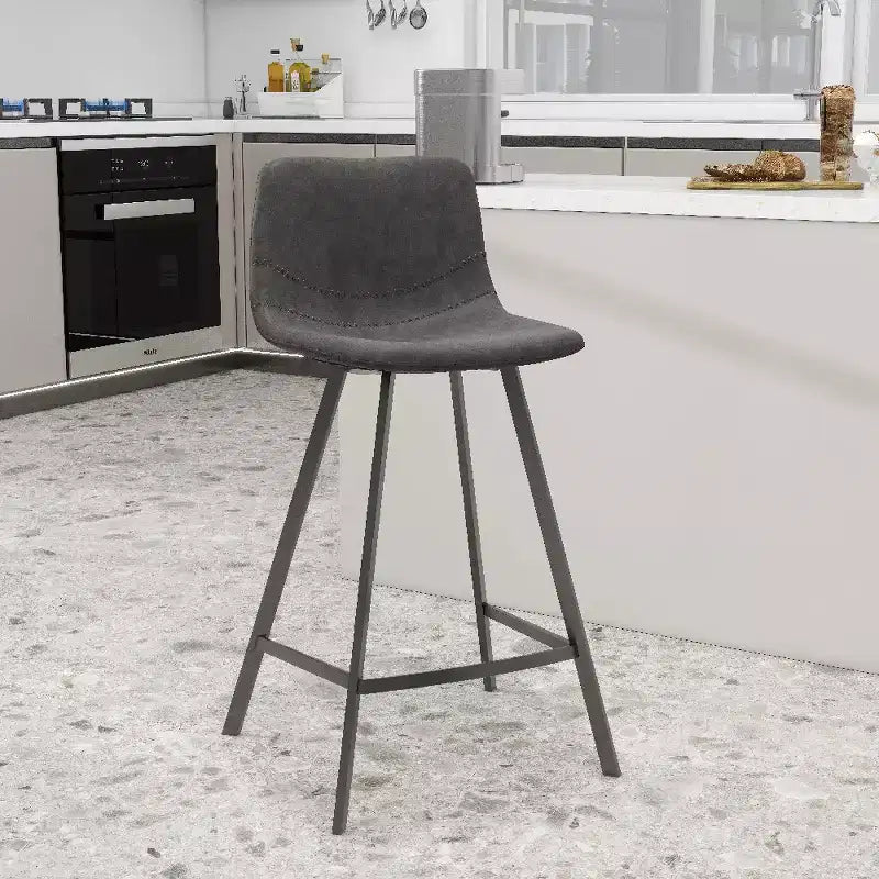 LeisureMod Elland Leather 35 Upholstered Counter Stool  Modern Stool with Black Stainless Steel Legs for Kitchen Island or Home Bar Set of 2