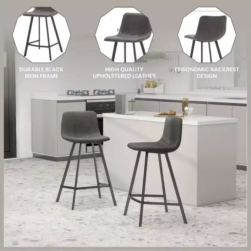 LeisureMod Elland Leather 35 Upholstered Counter Stool  Modern Stool with Black Stainless Steel Legs for Kitchen Island or Home Bar Set of 2