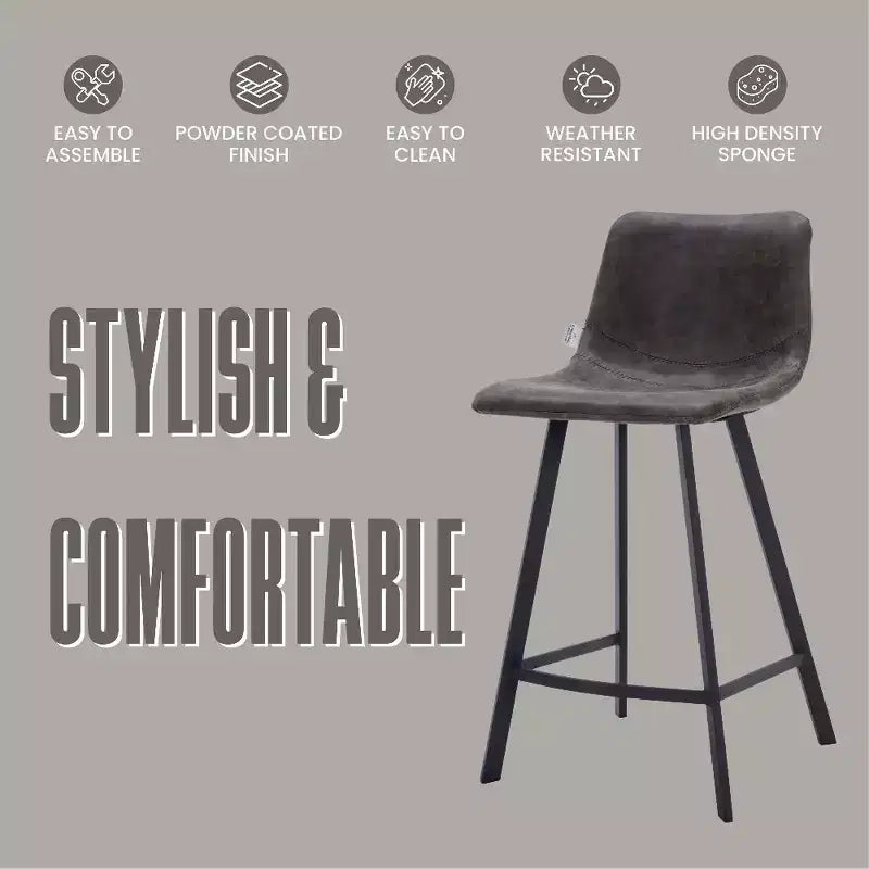 LeisureMod Elland Leather 35 Upholstered Counter Stool  Modern Stool with Black Stainless Steel Legs for Kitchen Island or Home Bar Set of 2