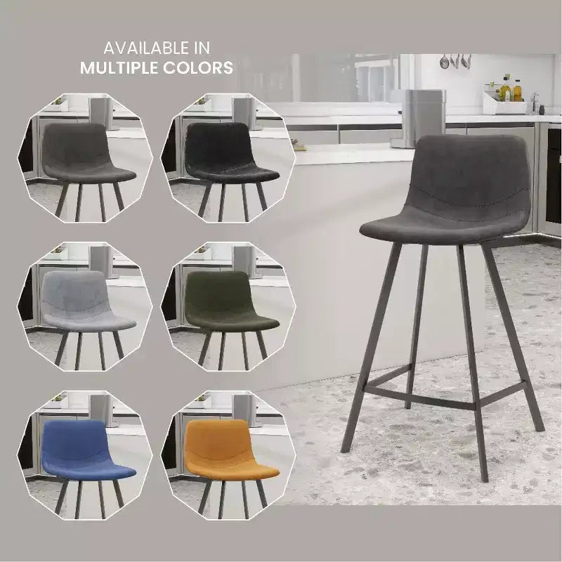 LeisureMod Elland Leather 35 Upholstered Counter Stool  Modern Stool with Black Stainless Steel Legs for Kitchen Island or Home Bar Set of 2