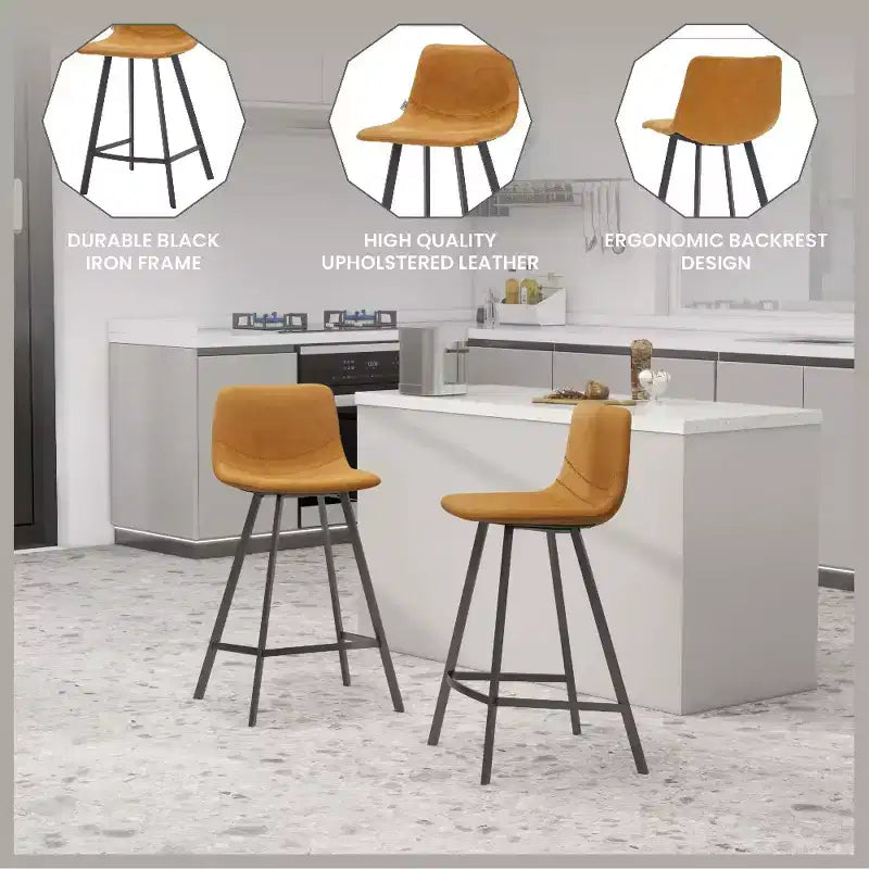 LeisureMod Elland Leather 35 Upholstered Counter Stool  Modern Stool with Black Stainless Steel Legs for Kitchen Island or Home Bar Set of 2