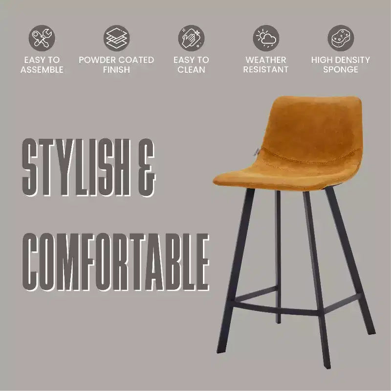 LeisureMod Elland Leather 35 Upholstered Counter Stool  Modern Stool with Black Stainless Steel Legs for Kitchen Island or Home Bar Set of 2
