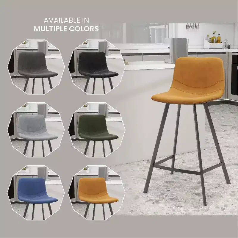 LeisureMod Elland Leather 35 Upholstered Counter Stool  Modern Stool with Black Stainless Steel Legs for Kitchen Island or Home Bar Set of 2