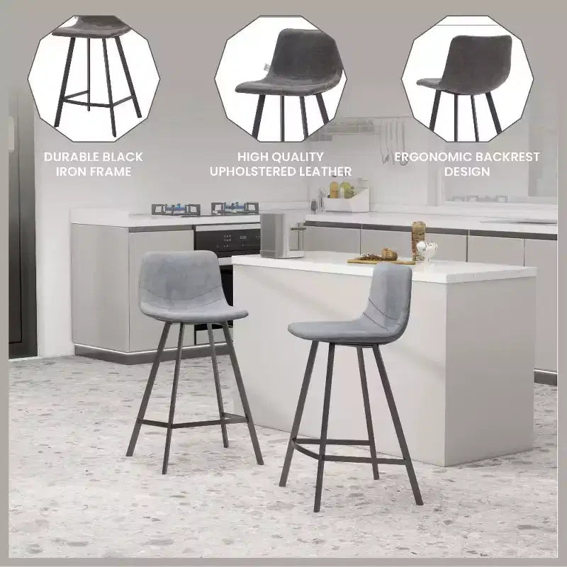 LeisureMod Elland Leather 35 Upholstered Counter Stool  Modern Stool with Black Stainless Steel Legs for Kitchen Island or Home Bar Set of 2