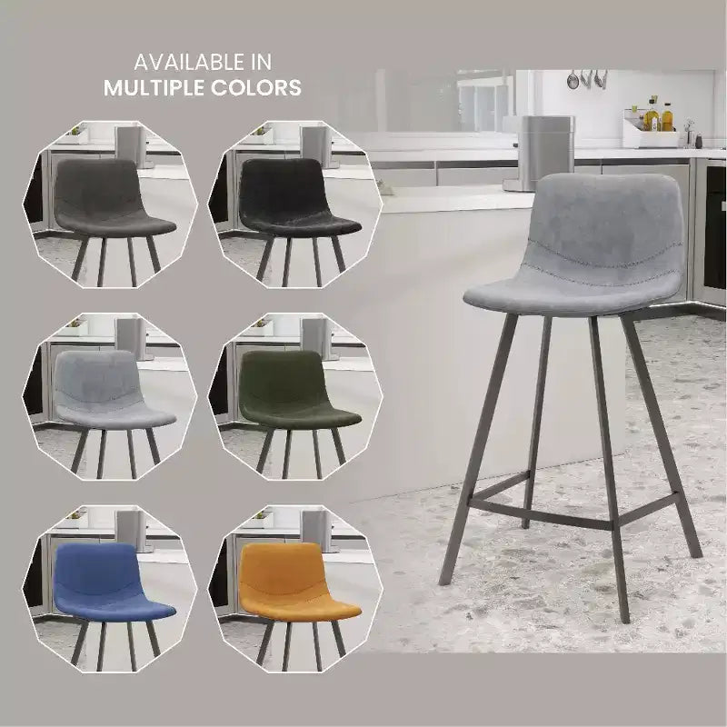 LeisureMod Elland Leather 35 Upholstered Counter Stool  Modern Stool with Black Stainless Steel Legs for Kitchen Island or Home Bar Set of 2