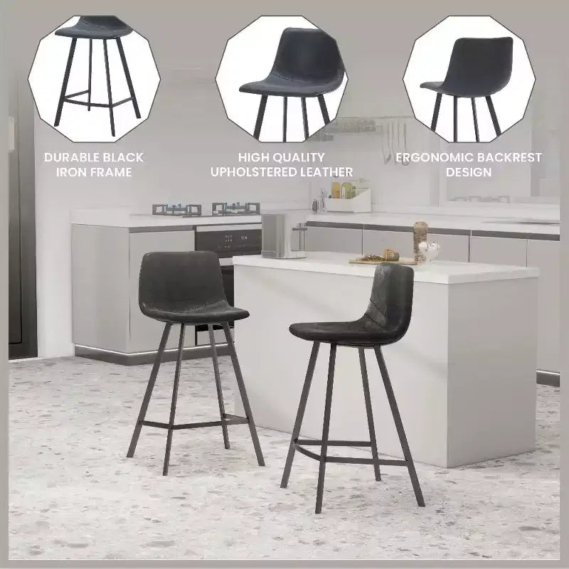 LeisureMod Elland Leather 35 Upholstered Counter Stool  Modern Stool with Black Stainless Steel Legs for Kitchen Island or Home Bar Set of 2