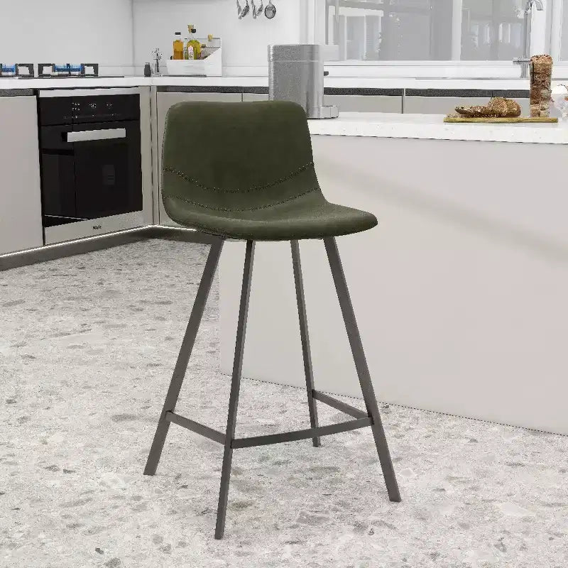 LeisureMod Elland Leather 35 Upholstered Counter Stool  Modern Stool with Black Stainless Steel Legs for Kitchen Island or Home Bar Set of 2
