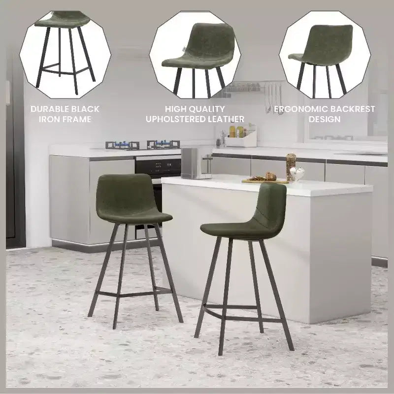 LeisureMod Elland Leather 35 Upholstered Counter Stool  Modern Stool with Black Stainless Steel Legs for Kitchen Island or Home Bar Set of 2