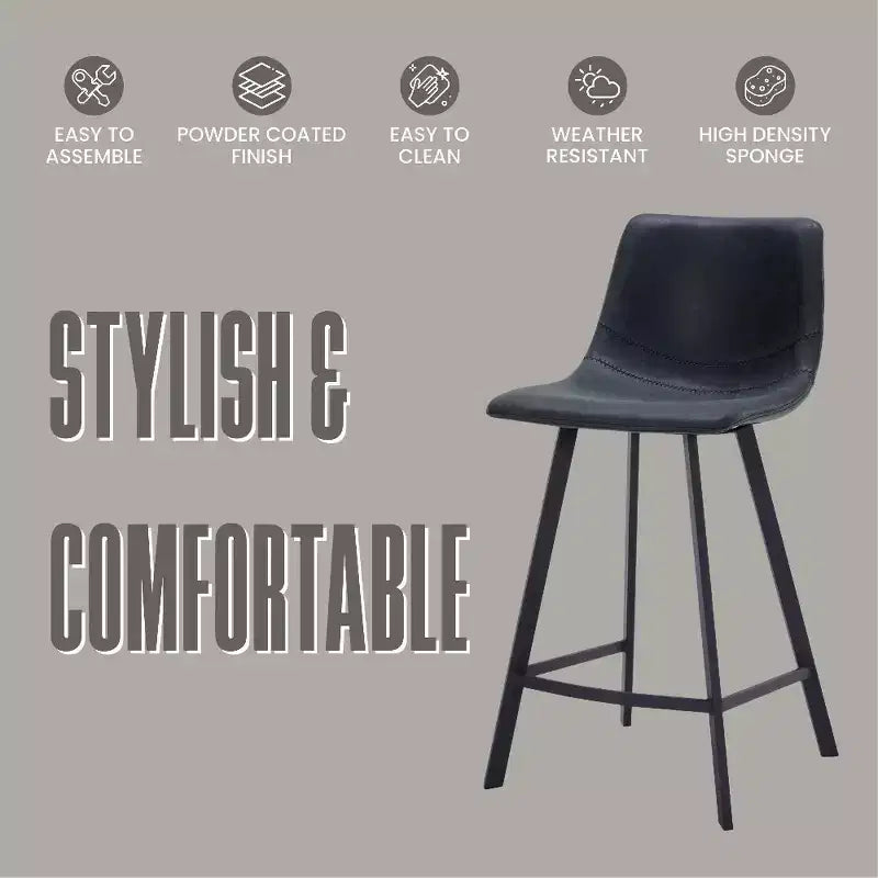 LeisureMod Elland Leather 35 Upholstered Counter Stool  Modern Stool with Black Stainless Steel Legs for Kitchen Island or Home Bar Set of 2