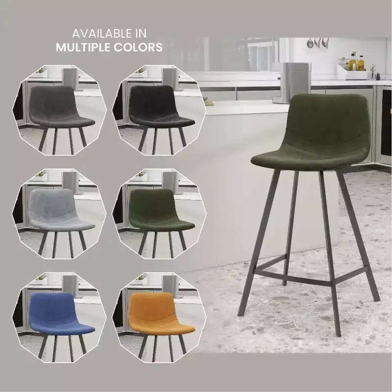 LeisureMod Elland Leather 35 Upholstered Counter Stool  Modern Stool with Black Stainless Steel Legs for Kitchen Island or Home Bar Set of 2