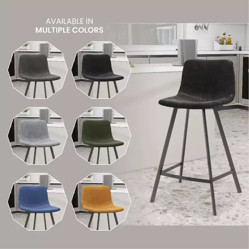 LeisureMod Elland Leather 35 Upholstered Counter Stool  Modern Stool with Black Stainless Steel Legs for Kitchen Island or Home Bar Set of 2