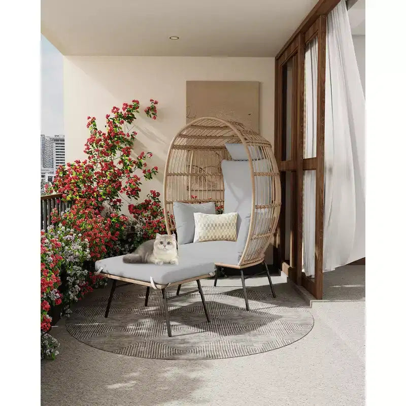 GustoWave 57'' Egg Chair with Ottoman, Rattan Egg Chair with Thicken Cushion and Head Pillow, Egg Basket Lounge Chairs for Outdoor