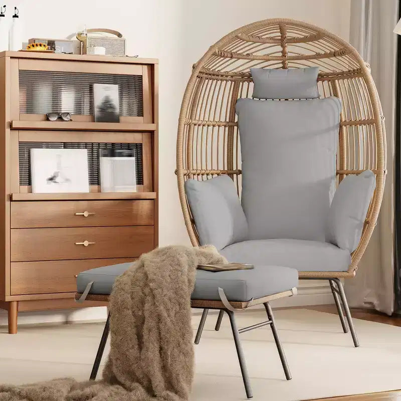 GustoWave 57'' Egg Chair with Ottoman, Rattan Egg Chair with Thicken Cushion and Head Pillow, Egg Basket Lounge Chairs for Outdoor