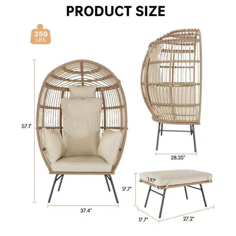 GustoWave 57'' Egg Chair with Ottoman, Rattan Egg Chair with Thicken Cushion and Head Pillow, Egg Basket Lounge Chairs for Outdoor