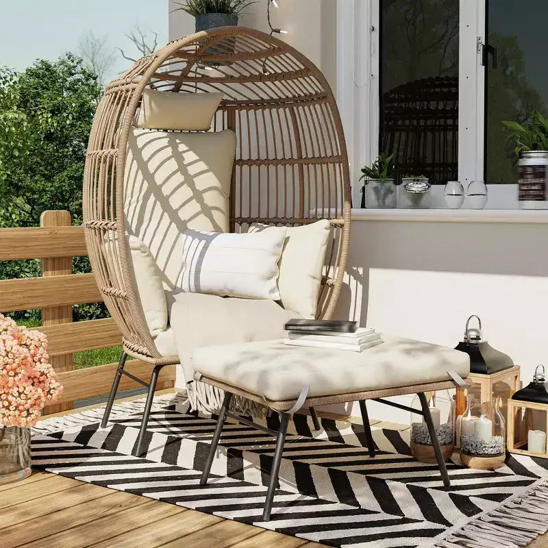 GustoWave 57'' Egg Chair with Ottoman, Rattan Egg Chair with Thicken Cushion and Head Pillow, Egg Basket Lounge Chairs for Outdoor