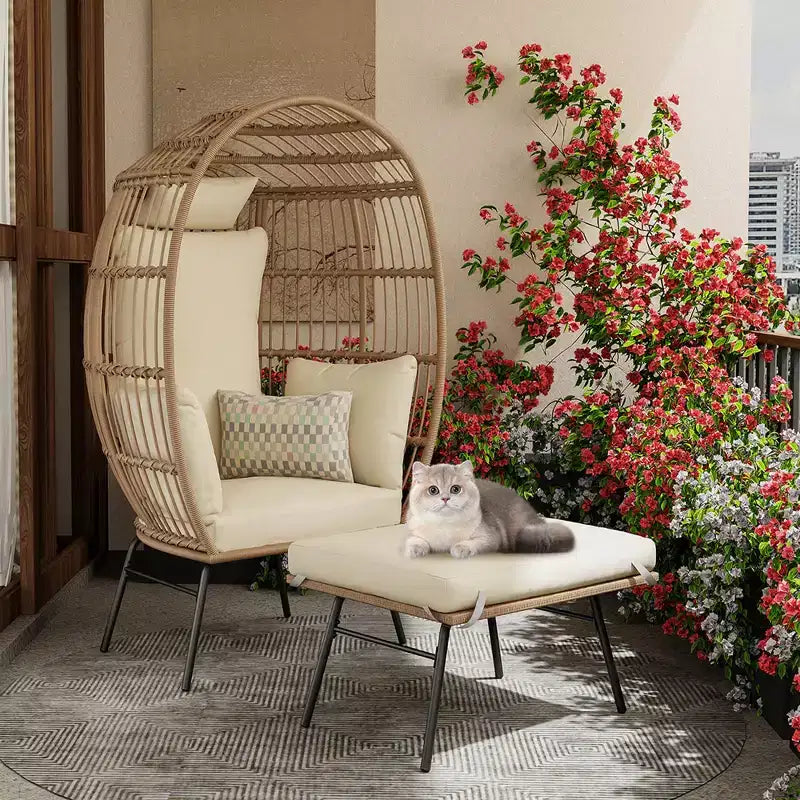 GustoWave 57'' Egg Chair with Ottoman, Rattan Egg Chair with Thicken Cushion and Head Pillow, Egg Basket Lounge Chairs for Outdoor