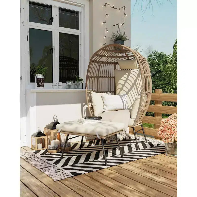 GustoWave 57'' Egg Chair with Ottoman, Rattan Egg Chair with Thicken Cushion and Head Pillow, Egg Basket Lounge Chairs for Outdoor