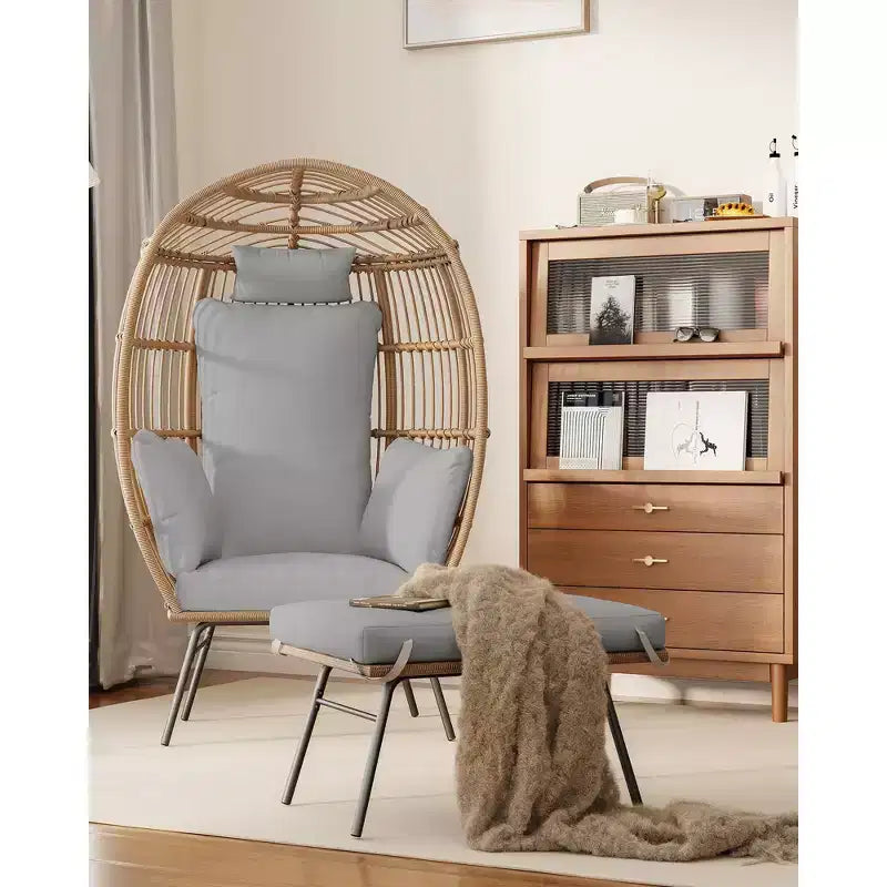 GustoWave Poltrona a Uovo da 57'' con Pouf, Poltrona a Uovo in Rattan con Cuscino Spesso e Cuscino Poggiatesta, Poltrone Sospese a Cesto per Esterni