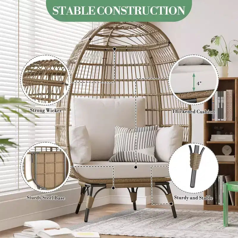GustoWave Oversized Wicker Egg Chair with Cushions, Rattan Lounge Chair with Steel Frame for Patio, Porch, or Indoor Use