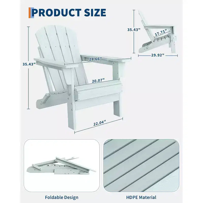 Folding Adirondack Chair with Cup Holder, HDPE Wood Texture Outdoor Chair for Patio, Deck, or Backyard, Supports 380 lbs