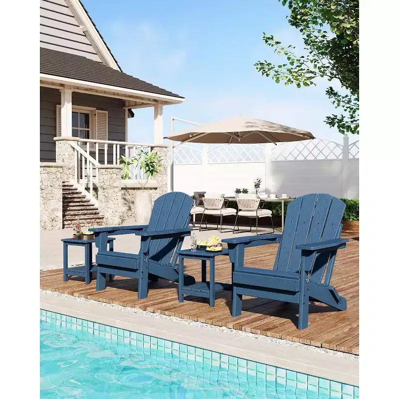 Folding Adirondack Chair with Cup Holder, HDPE Wood Texture Outdoor Chair for Patio, Deck, or Backyard, Supports 380 lbs