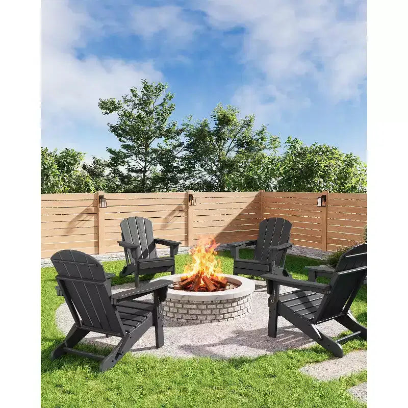 Folding Adirondack Chair with Cup Holder, HDPE Wood Texture Outdoor Chair for Patio, Deck, or Backyard, Supports 380 lbs
