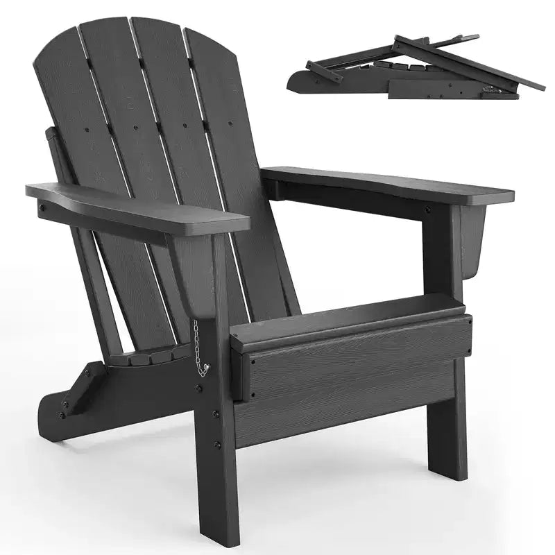 Folding Adirondack Chair with Cup Holder, HDPE Wood Texture Outdoor Chair for Patio, Deck, or Backyard, Supports 380 lbs